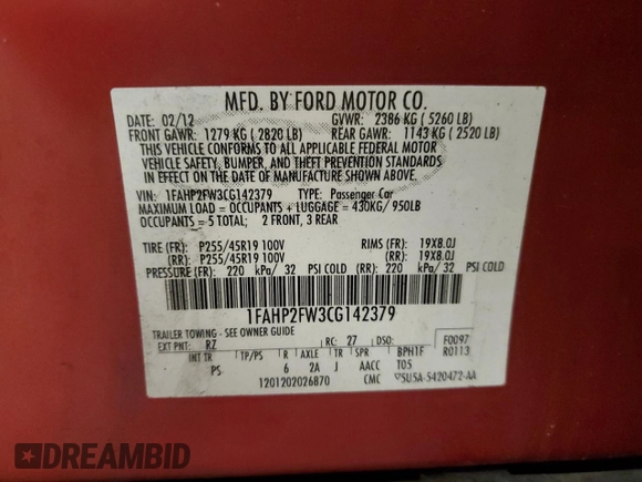2012 Ford Taurus Limited z VIN 1FAHP2FW3CG142379, wystawiony jako Copart lot #55456245 z przebiegiem 145 311 mil mil oraz Szkoda całkowita • Salvage title. Historia ofert i sprzedaży dostępna na DreamBid. Obrazek 12.