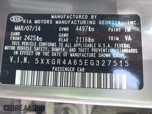 2014 Kia Optima SXL Turbo with VIN 5XXGR4A65EG327515, listed as a IAAI auction lot 41876799 with 115,533 mi miles and . Bid and sale history available at DreamBid. Image 9.