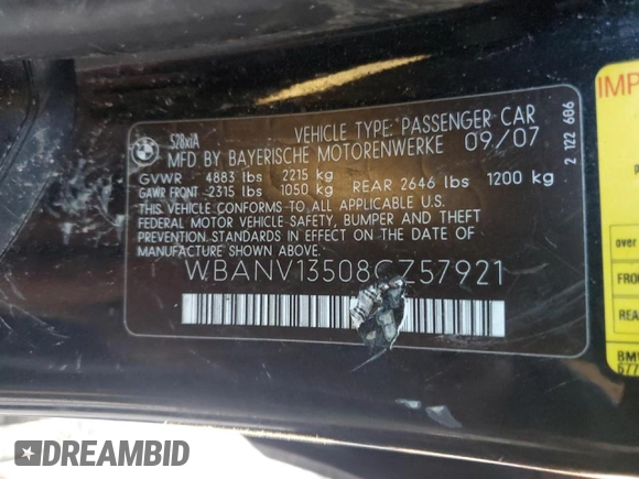 2008 BMW 5 Series 528xi with VIN WBANV13508CZ57921, listed as a Copart auction lot 47785125 with Not Provided miles and Salvage Title. Bid and sale history available at DreamBid. Image 12.