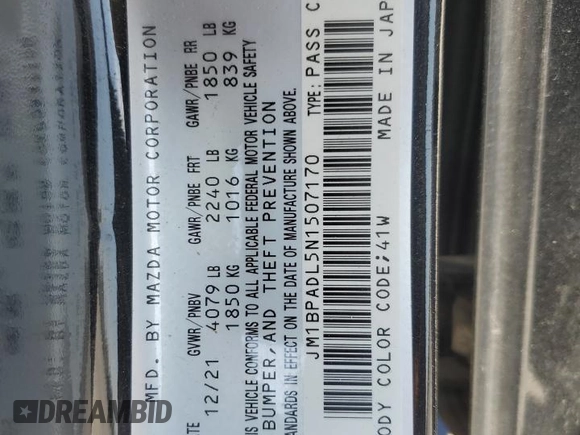 2022 Mazda 3 Premium with VIN JM1BPADL5N1507170, listed as a Copart auction lot 78932434 with 82,082 mi miles and Salvage Title. Bid and sale history available at DreamBid. Image 13.