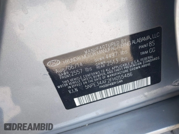 2015 Hyundai Sonata Sport with VIN 5NPE34AF2FH055486, listed as a IAAI auction lot 42136411 with 110,706 mi miles and . Bid and sale history available at DreamBid. Image 9.