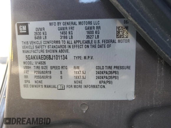 2011 Buick Enclave CX with VIN 5GAKVAED6BJ101134, listed as a Copart auction lot 84934914 with Not Provided miles and Salvage Title. Bid and sale history available at carsss.com. Image 13.
