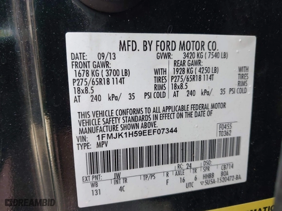 2014 Ford Expedition EL XLT with VIN 1FMJK1H59EEF07344, listed as a IAAI auction lot 41668198 with 87,140 mi miles. Bid and sale history available at carsss.com. Image 9.