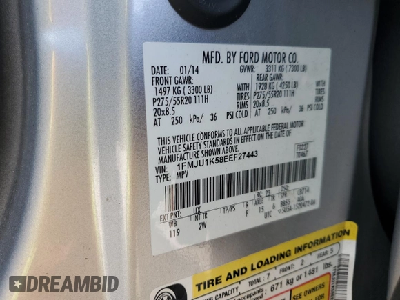 2014 Ford Expedition Limited with VIN 1FMJU1K58EEF27443, listed as a Copart auction lot 58983615 with 144,310 mi miles and Salvage title. Bid and sale history available at DreamBid. Image 13.