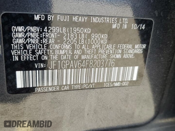 2015 Subaru Impreza Special Sports Limited z VIN JF1GPAV64F8203776, wystawiony jako Copart lot #55860765 z przebiegiem 92 246 mil mil oraz Szkoda całkowita • Salvage title. Historia ofert i sprzedaży dostępna na DreamBid. Obrazek 13.