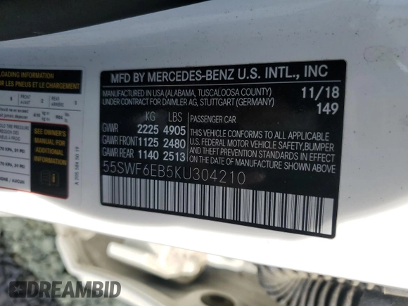 2019 Mercedes-Benz C 43 AMG with VIN 55SWF6EB5KU304210, listed as a Copart auction lot 57812795 with 48,925 mi miles and Clean title. Bid and sale history available at DreamBid. Image 13.