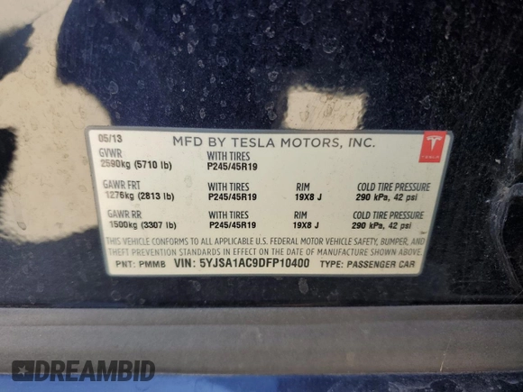 2013 Tesla Model S with VIN 5YJSA1AC9DFP10400, listed as a Copart auction lot 64096555 with 165,166 mi miles and Salvage title. Bid and sale history available at DreamBid. Image 12.