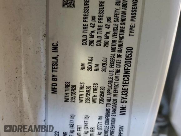 2022 Tesla Model 3 Performance with VIN 5YJ3E1EC8NF200530, listed as a Copart auction lot 43278455 with 50,682 mi miles and Non Repairable. Bid and sale history available at carsss.com. Image 12.