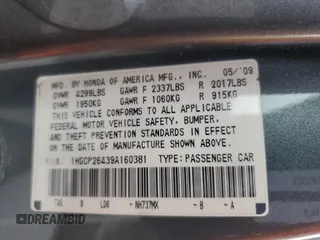 2009 Honda Accord LX-P z VIN 1HGCP26439A160381, wystawiony jako Copart lot #60376645 z przebiegiem 134 322 mil mil oraz Czysty tytuł • Clean title. Historia ofert i sprzedaży dostępna na DreamBid. Obrazek 12.