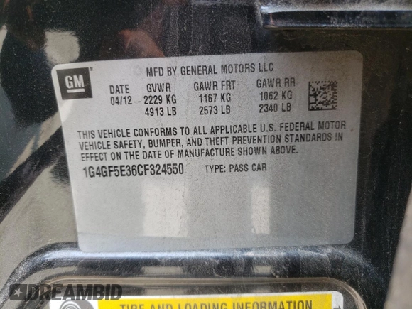 2012 Buick LaCrosse Premium 2 with VIN 1G4GF5E36CF324550, listed as a Copart auction lot 58740565 with 131,134 mi miles and Salvage title. Bid and sale history available at DreamBid. Image 12.
