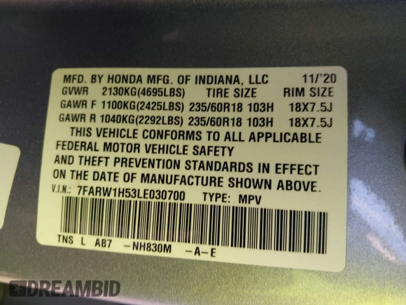 2020 Honda CR-V EX with VIN 7FARW1H53LE030700, listed as a IAAI auction lot 40876513 with 117,121 mi miles and . Bid and sale history available at DreamBid. Image 9.