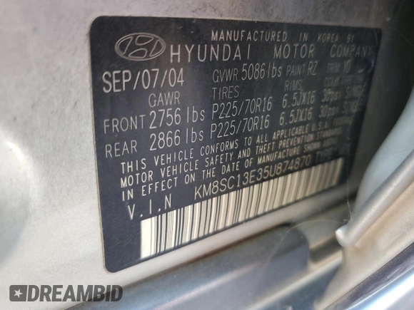 2005 Hyundai Santa Fe GLS with VIN KM8SC13E35U874870, listed as a Copart auction lot 75692594 with 103,884 mi miles and Clean Title. Bid and sale history available at carsss.com. Image 13.