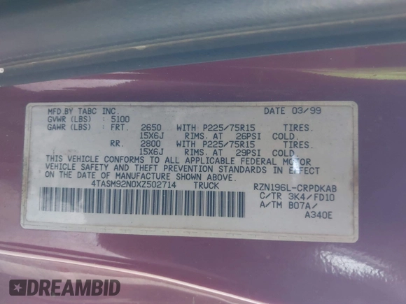 1999 Toyota Tacoma PreRunner with VIN 4TASM92N0XZ502714, listed as a IAAI auction lot 41513272 with 320,670 mi miles and . Bid and sale history available at DreamBid. Image 9.