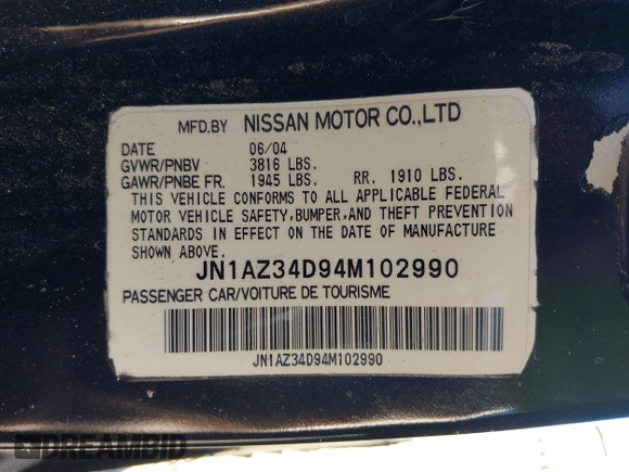 2004 Nissan 350Z Touring with VIN JN1AZ34D94M102990, listed as a IAAI auction lot 41830661 with 107,520 mi miles. Bid and sale history available at carsss.com. Image 9.