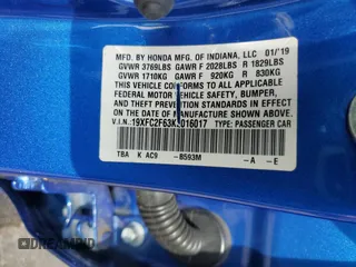 2019 Honda Civic LX with VIN 19XFC2F63KE016017, listed as a Copart auction lot 50440945 with 122,073 mi miles and Salvage Title. Bid and sale history available at DreamBid. Image 12.