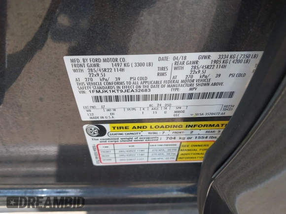 2018 Ford Expedition Max Limited with VIN 1FMJK1KT9JEA32683, listed as a IAAI auction lot 42033675 with 122,072 mi miles and . Bid and sale history available at DreamBid. Image 9.