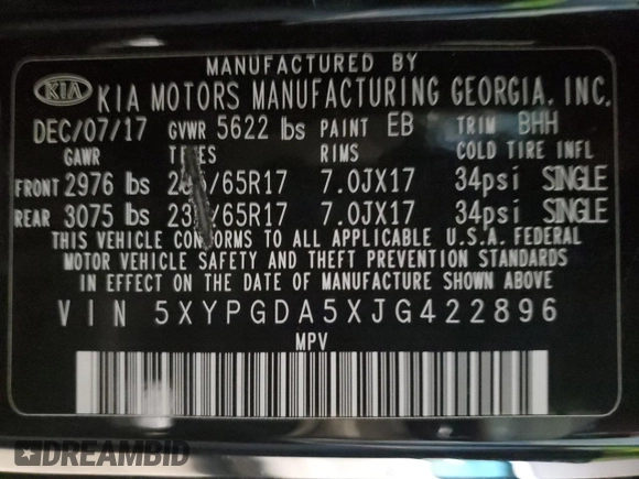 2018 Kia Sorento LX V6 with VIN 5XYPGDA5XJG422896, listed as a Copart auction lot 46865955 with 0 mi miles and Salvage Title. Bid and sale history available at carsss.com. Image 13.