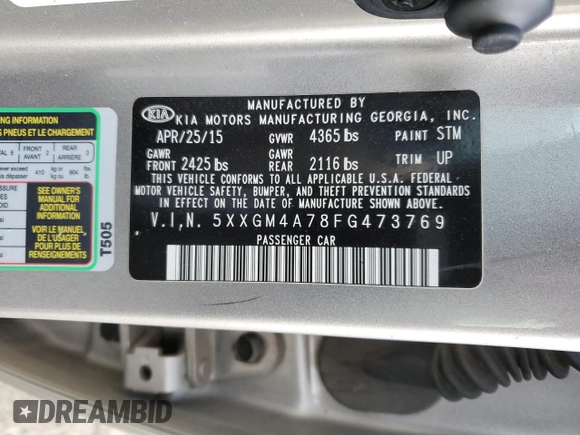 2015 Kia Optima LX with VIN 5XXGM4A78FG473769, listed as a Copart auction lot 41708795 with 123,177 mi miles and Clean Title. Bid and sale history available at DreamBid. Image 12.