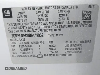 2011 Chevrolet Equinox 2LT with VIN 2CNFLNEC8B6449952, listed as a IAAI auction lot 42158039 with 161,447 mi miles and . Bid and sale history available at carsss.com. Image 9.