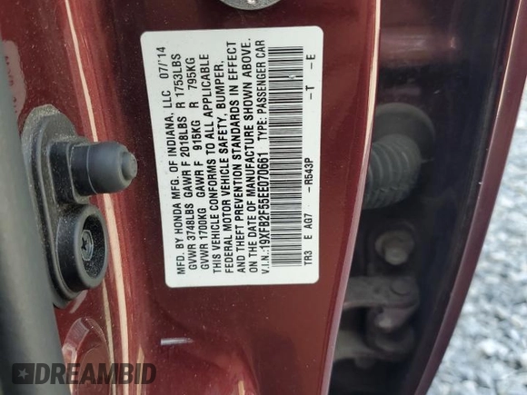 2014 Honda Civic LX z VIN 19XFB2F55EE070661, wystawiony jako Copart lot #56356355 z przebiegiem 114 217 mil mil oraz Szkoda całkowita • Salvage title. Historia ofert i sprzedaży dostępna na DreamBid. Obrazek 12.