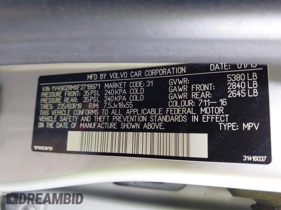 2015 Volvo XC60 T6 Platinum с VIN YV4902RMXF2719971, выставлен на аукционе IAAI как лот 41970301 с пробегом 63 399 миль миль и . История ставок и продаж доступна на DreamBid. Изображение 9.