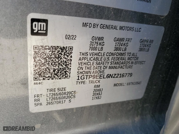 2022 GMC Sierra 1500 Limited AT4 with VIN 1GTP9EEL6NZ216779, listed as a Copart auction lot 45653445 with 60,995 mi miles and Salvage Title. Bid and sale history available at carsss.com. Image 12.