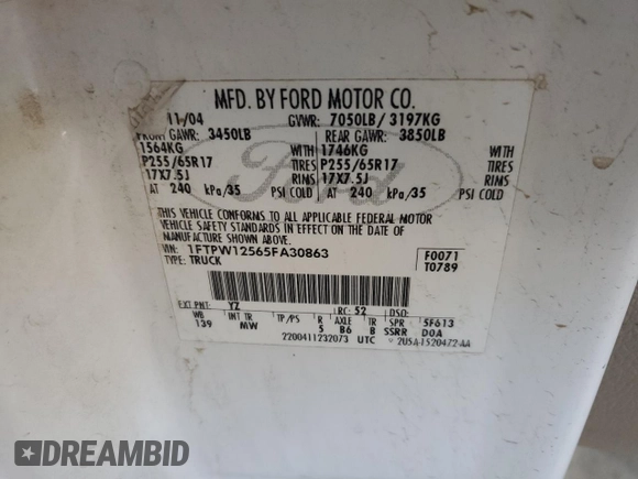 2005 Ford F-150 XLT z VIN 1FTPW12565FA30863, wystawiony jako Copart lot #56491625 z przebiegiem 186 042 mil mil oraz Czysty tytuł • Clean title. Historia ofert i sprzedaży dostępna na DreamBid. Obrazek 12.