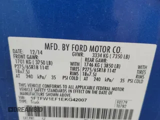 2014 Ford F-150 XL with VIN 1FTFW1EF1EKG42007, listed as a Copart auction lot 49148105 with 192,228 mi miles and Salvage Title. Bid and sale history available at carsss.com. Image 12.