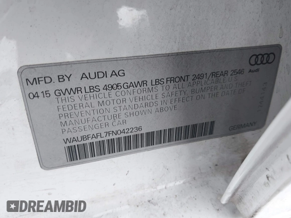 2015 Audi A4 Premium with VIN WAUBFAFL7FN042236, listed as a IAAI auction lot 41517526 with 146,325 mi miles. Bid and sale history available at carsss.com. Image 9.