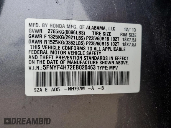 2014 Honda Pilot EX-L with VIN 5FNYF4H72EB020463, listed as a Copart auction lot 59152405 with 132,679 mi miles and Salvage title. Bid and sale history available at DreamBid. Image 13.
