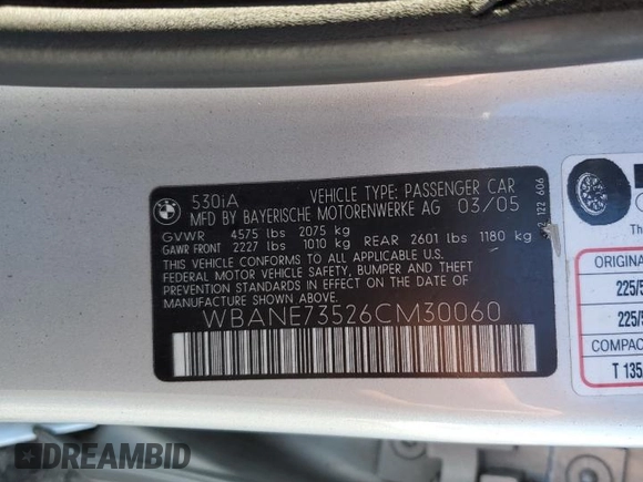 2006 BMW 5 Series 530i with VIN WBANE73526CM30060, listed as a Copart auction lot 49921775 with 168,962 mi miles and Salvage Title. Bid and sale history available at carsss.com. Image 12.