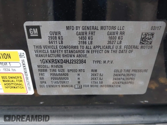 2017 GMC Acadia Limited with VIN 1GKKRSKD4HJ292384, listed as a IAAI auction lot 41912168 with 174,442 mi miles and . Bid and sale history available at DreamBid. Image 9.