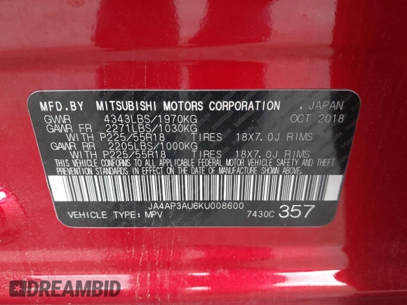2019 Mitsubishi Outlander Sport ES 2.0 with VIN JA4AP3AU6KU008600, listed as a IAAI auction lot 40227494 with 82,357 mi miles. Bid and sale history available at carsss.com. Image 9.