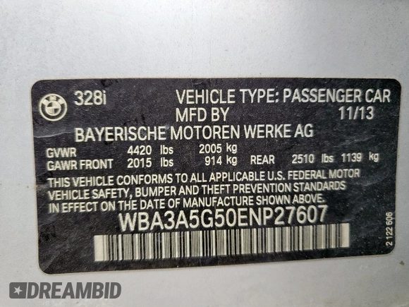2014 BMW 3 Series 328i with VIN WBA3A5G50ENP27607, listed as a Copart auction lot 51286615 with 146,419 mi miles and Clean Title. Bid and sale history available at DreamBid. Image 13.