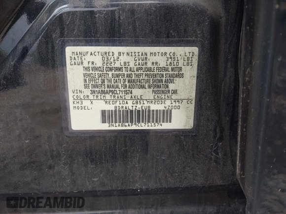 2012 Nissan Sentra SR with VIN 3N1AB6AP9CL711574, listed as a IAAI auction lot 42758339 with 219,857 mi miles and . Bid and sale history available at DreamBid. Image 9.