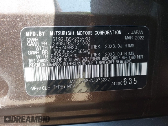 2022 Mitsubishi Outlander SEL z VIN JA4J4VA83NZ073287, wystawiony jako IAAI lot #42059579 z przebiegiem 45 092 mil mil oraz . Historia ofert i sprzedaży dostępna na DreamBid. Obrazek 9.
