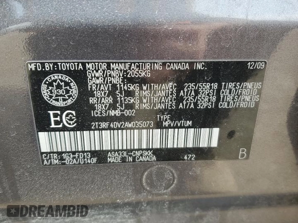 2010 Toyota RAV4 Sport with VIN 2T3RF4DV2AW035073, listed as a Copart auction lot 51461305 with 257,441 mi miles and Clean title. Bid and sale history available at DreamBid. Image 13.