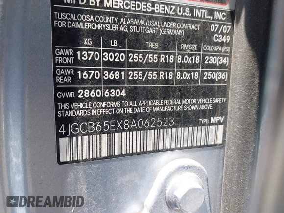 2008 Mercedes-Benz R 3.5L z VIN 4JGCB65EX8A062523, wystawiony jako IAAI lot #42471185 z przebiegiem 109 790 mil mil oraz . Historia ofert i sprzedaży dostępna na DreamBid. Obrazek 9.