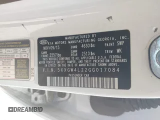 2016 Kia Optima SX Turbo with VIN 5XXGW4L22GG017084, listed as a IAAI auction lot 41794900 with 151,447 mi miles and . Bid and sale history available at carsss.com. Image 9.