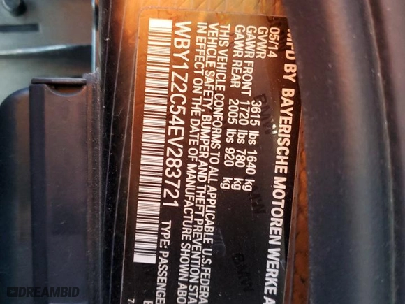 2014 BMW i3 with VIN WBY1Z2C54EV283721, listed as a Copart auction lot 47937395 with 67,976 mi miles and Salvage Title. Bid and sale history available at carsss.com. Image 13.