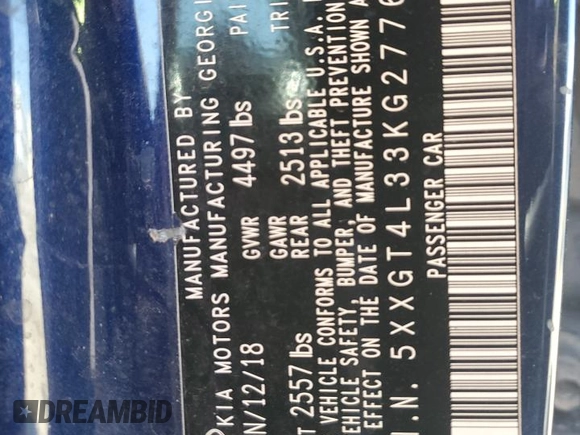 2019 Kia Optima LX with VIN 5XXGT4L33KG277679, listed as a Copart auction lot 48365435 with 124,878 mi miles and Salvage Title. Bid and sale history available at carsss.com. Image 14.