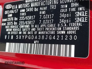 2018 Kia Sorento LX z VIN 5XYPGDA38JG421230, wystawiony jako IAAI lot #42213497 z przebiegiem 146 000 mil mil oraz . Historia ofert i sprzedaży dostępna na DreamBid. Obrazek 9.