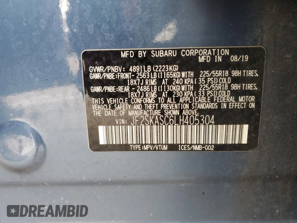 2020 Subaru Forester Limited with VIN JF2SKASC6LH405304, listed as a Copart auction lot 50188595 with 45,101 mi miles and Salvage Title. Bid and sale history available at carsss.com. Image 14.