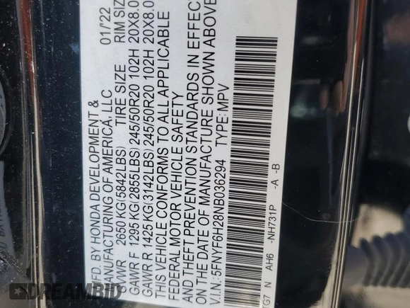 2022 Honda Pilot Special Edition with VIN 5FNYF6H28NB036294, listed as a Copart auction lot 48388105 with 37,970 mi miles and Salvage Title. Bid and sale history available at carsss.com. Image 14.