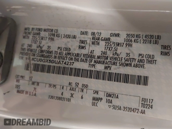 2013 Ford Escape SE with VIN 1FMCU0GX5DUA74237, listed as a IAAI auction lot 42447048 with 140,732 mi miles and . Bid and sale history available at DreamBid. Image 9.