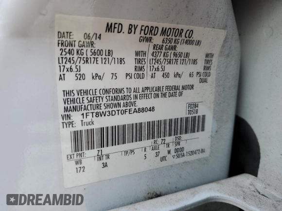 2015 Ford F-350 Lariat with VIN 1FT8W3DT0FEA88048, listed as a Copart auction lot 59097135 with Not provided miles and Salvage title. Bid and sale history available at DreamBid. Image 13.