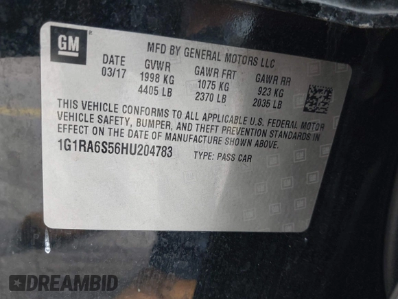 2017 Chevrolet Volt LT with VIN 1G1RA6S56HU204783, listed as a IAAI auction lot 41867517 with 109,321 mi miles. Bid and sale history available at carsss.com. Image 9.