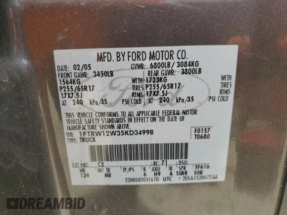 2005 Ford F-150 XLT with VIN 1FTRW12W35KD34998, listed as a Copart auction lot 58623145 with 181,093 mi miles and Clean title. Bid and sale history available at DreamBid. Image 12.