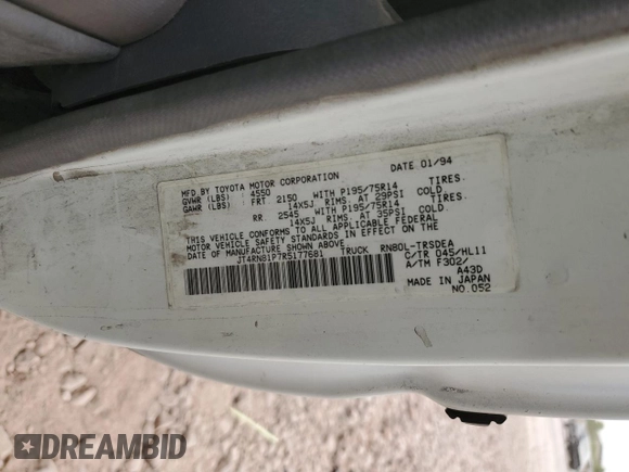 1994 Toyota Pickup DX with VIN JT4RN81P7R5177681, listed as a Copart auction lot 44344655 with 31,857 mi miles and Salvage title. Bid and sale history available at DreamBid. Image 15.