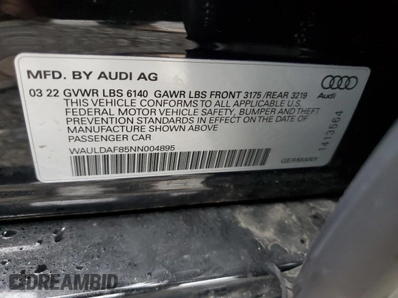 2022 Audi A8 with VIN WAULDAF85NN004895, listed as a Copart auction lot 51758025 with 61,164 mi miles and Salvage title. Bid and sale history available at DreamBid. Image 12.